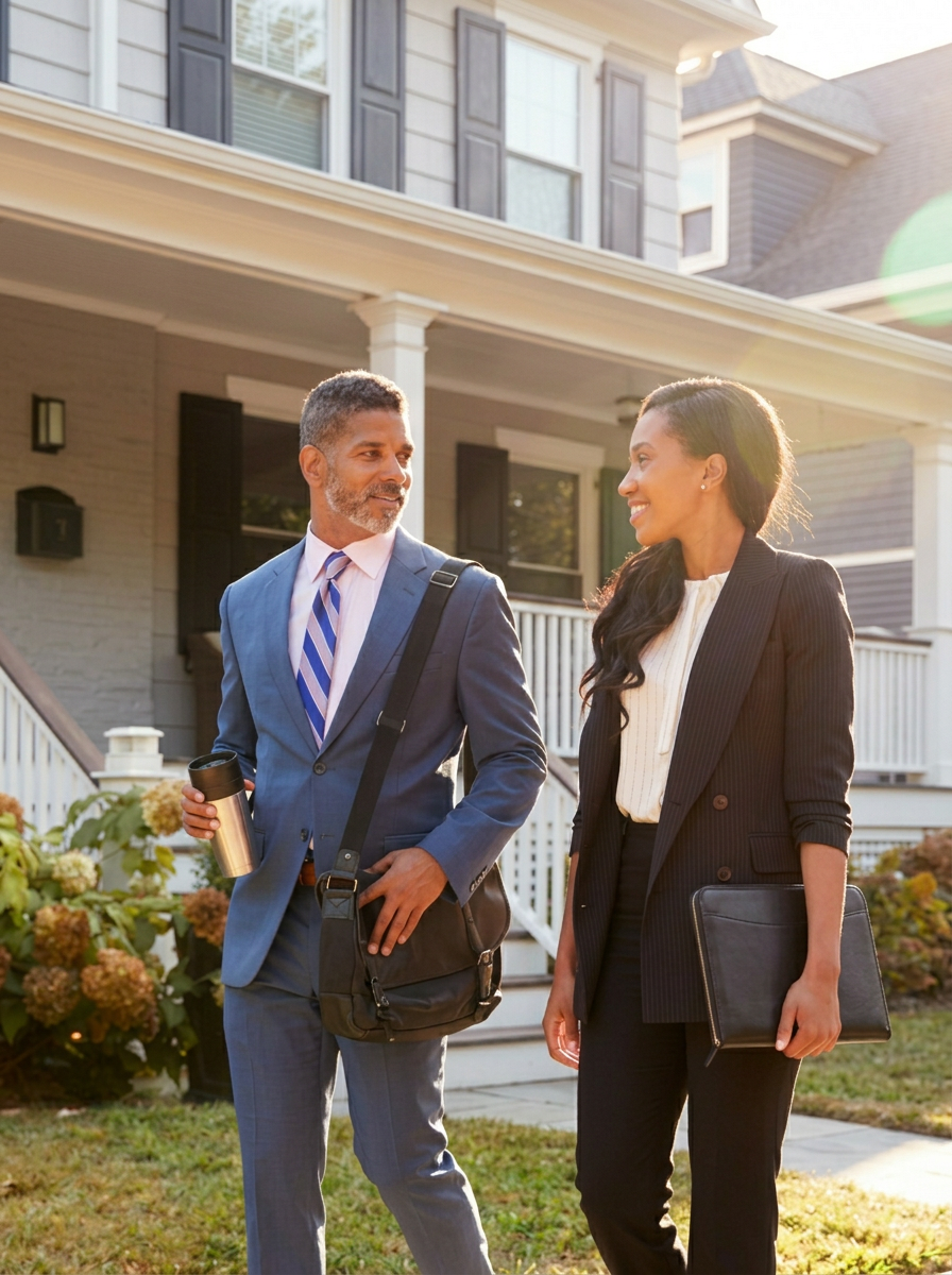 Real estate professionals walking together in front of a suburban home at sunset